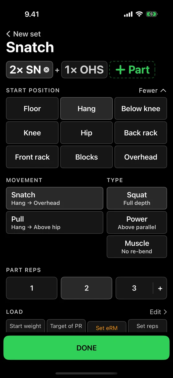 Building a complex in Nosto: two hang snatches plus an overhead squat, with all nine start positions open, the snatch type chosen, two reps selected, and the load row below.