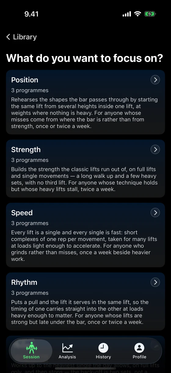 Nosto's session builder asking what to focus on: position, strength, speed and rhythm, each saying what it trains and who it is for.