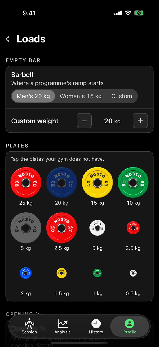 Nosto's Loads page: the empty bar, then the gym's plates to tap off when the gym does not have them: the 25, 20, 15 and 10 kg bumpers, the 5 and 2.5 kg bumpers with the 5 switched off, and change plates from 5 down to 0.5 kg.