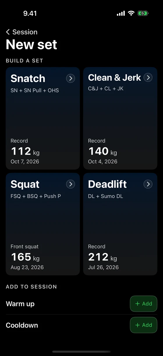 Nosto's New set page: warm-up and cooldown, and snatch, clean and jerk, squat and deadlift, each opening its own builder.